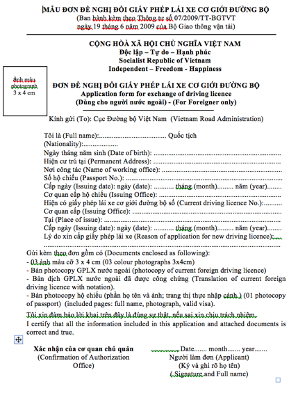 Driver license conversion form for foreigners in Vietnam